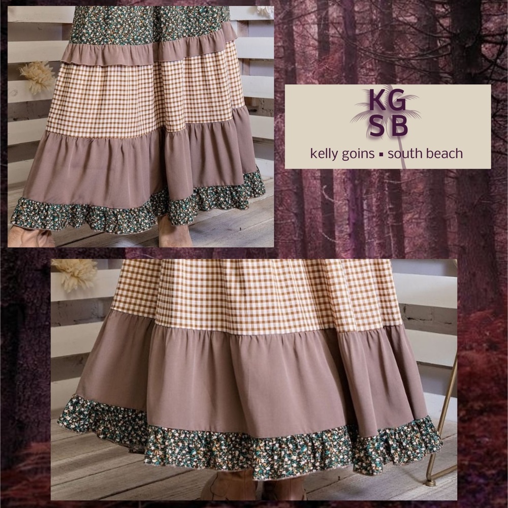 EASEL "Mix & Match" Gingham & Floral Print Ruffle Trim Tiered Maxi Skirt & Dress - Picture 11 of 16